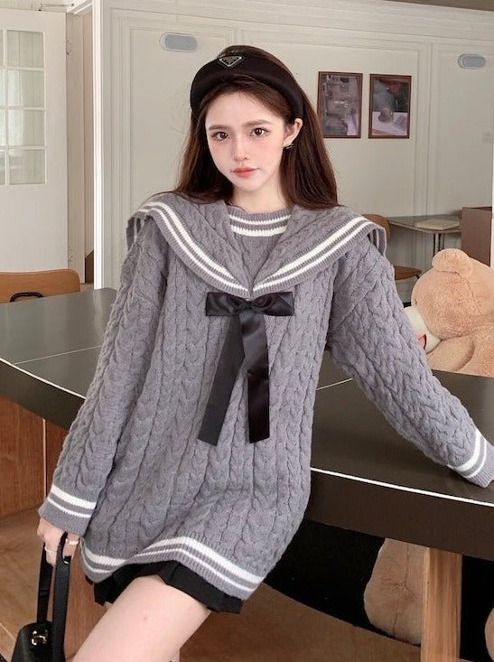 リボンセーラーケーブルニットセーター - Belchic