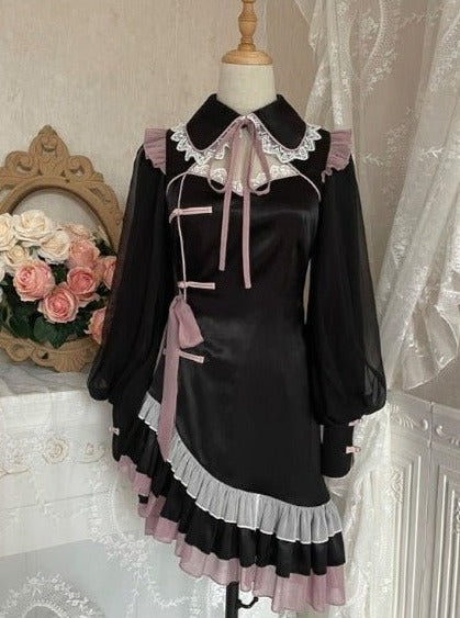 フリルアシメデザインボリュームスリーブチャイナドレス - Belchic