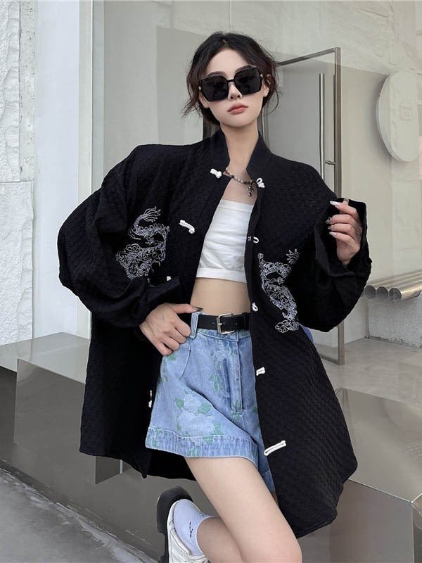 スタンドカラーチャイナテイストドラゴン刺繍シャツジャケット - Belchic