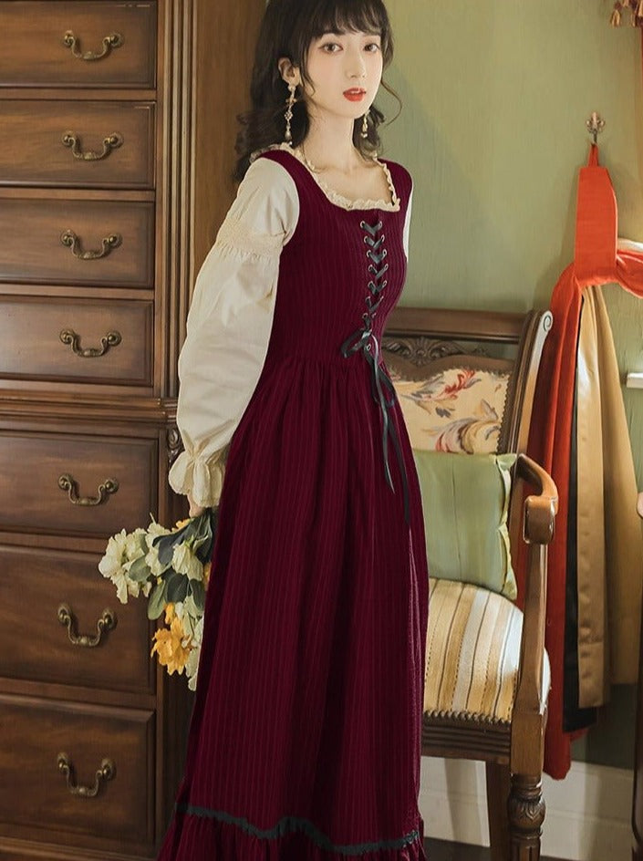 レースアップキャンディスリーブアンティークワンピース - Belchic