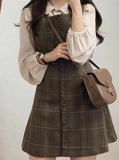 フロントプリーツシャツ+チェックジャンパースカート - Belchic