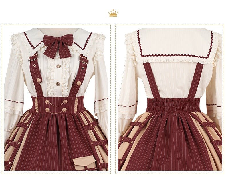 リボンベレー帽+リボンレースアップスリーブフリルブラウス+レイヤードサススカート+ケープジャケット - Belchic