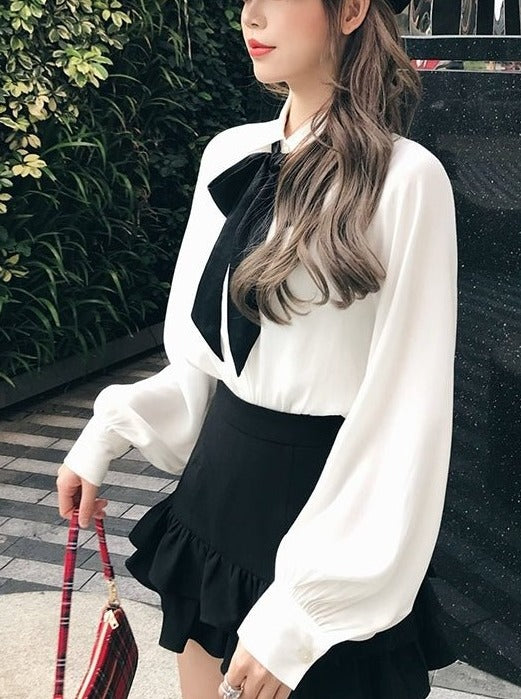 リボン付きシフォンシャツ - LilyBlack