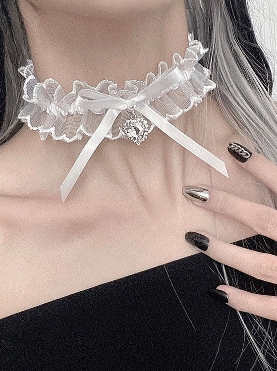 シフォンレースジュエルリボンチョーカーネックレス - LilyBlack