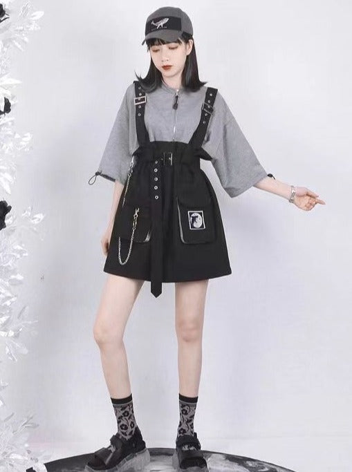 地雷バイカラースウェットワンピース+ウエストストラップベルト - Belchic