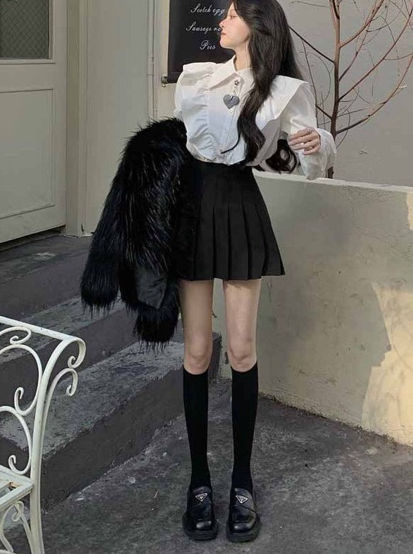 フリルボリュームスリーブブラウス+ハイウェストプリーツスカートセットアップ - LilyBlack