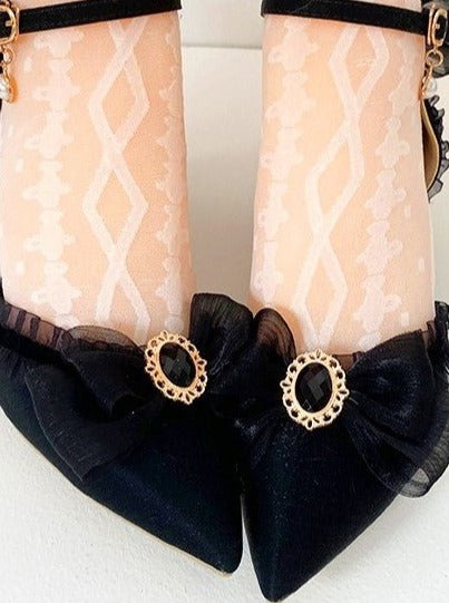 パールストラップシフォンレースデザインパンプス - LilyBlack