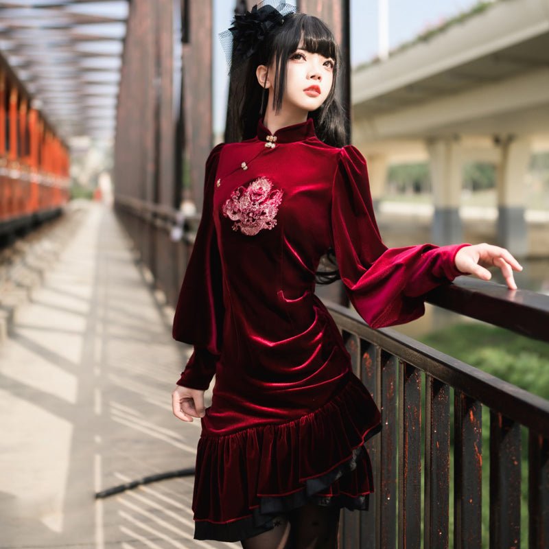 アシメフリルベルベットドラゴンチャイナドレス+羽織 - Belchic