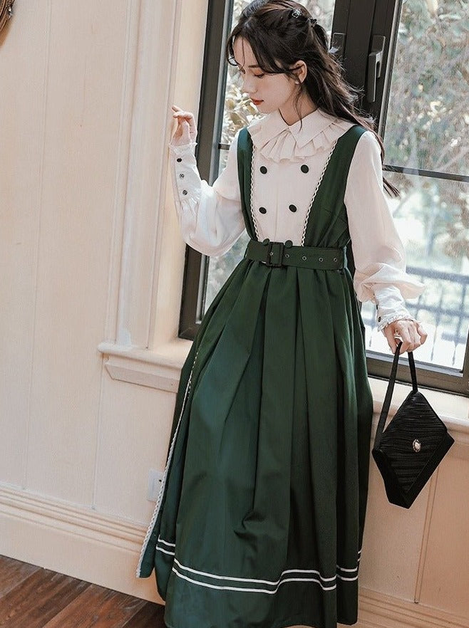 フリルカラーランタンスリーブフレンチクラシカルベルト付きワンピース - Belchic