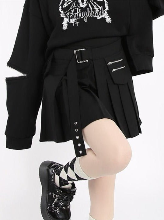 ジップポケットアシメプリーツベルトスカート - LilyBlack
