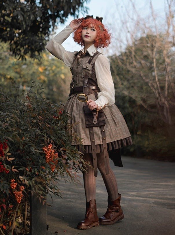 チェックレザーバックルベスト+サイドバッグチェックアシメレイヤードスカート探偵コーデ - Belchic