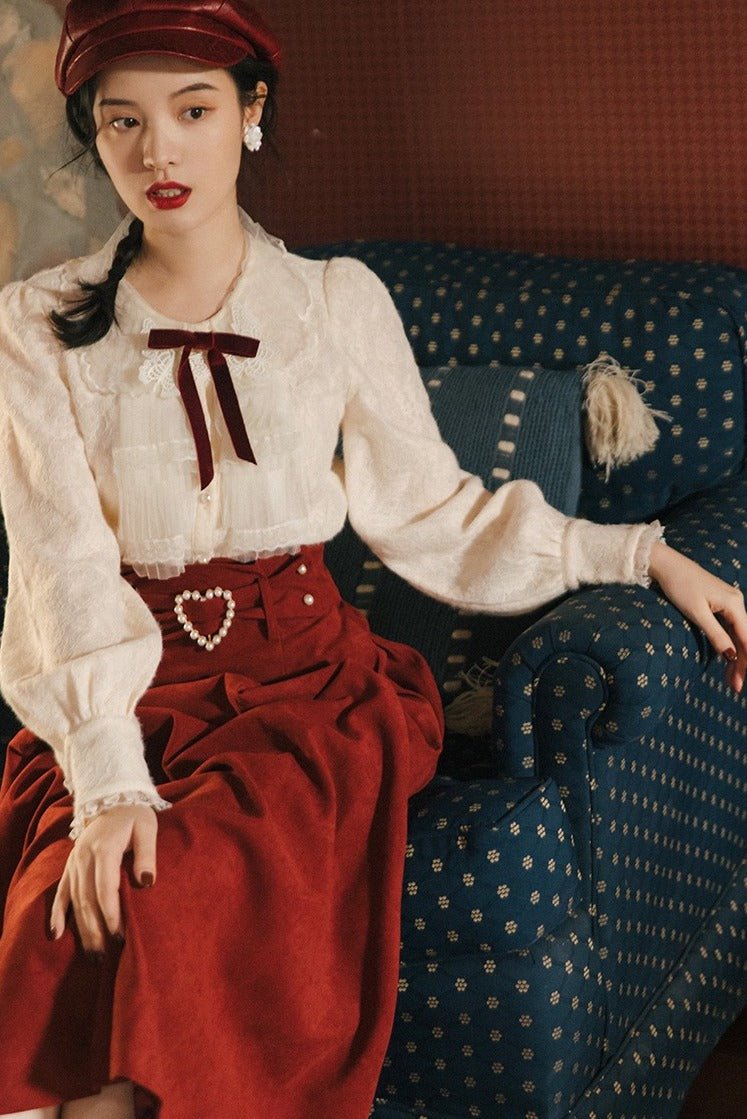 レース刺繍カラーランタンスリーブリボンブラウス+パールハートベルトウエストマークスカート - Belchic