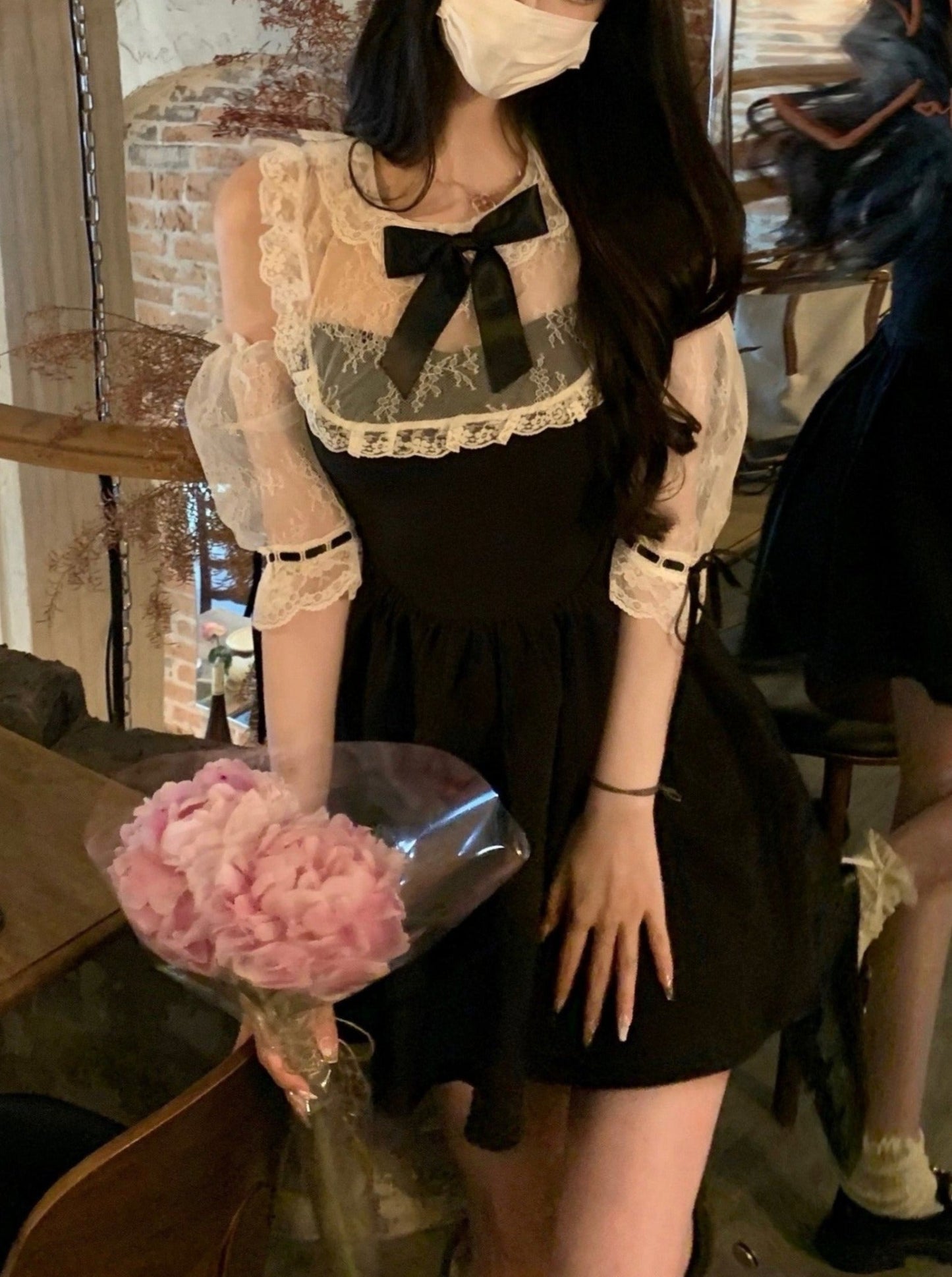 オフショルシアーリボン異素材ドッキングワンピース - LilyBlack