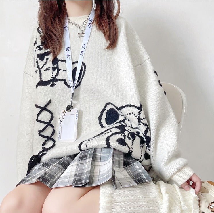 ドロップショルダーレースアップベアニットセーター - LilyBlack