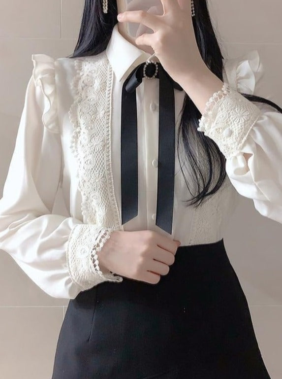 Antique lace blouse with ribbon brooch