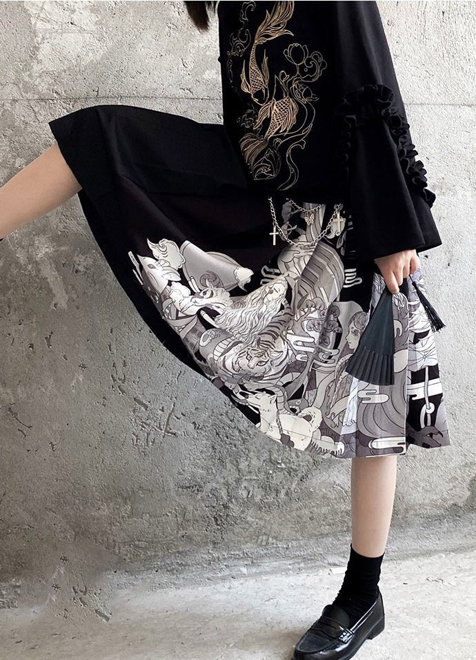 十二支プリントハイウエストプリーツスカート - Belchic