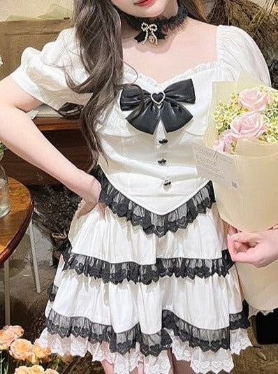 【プラスSize】リボン付きスクエアネックレーストップス+ティアードスカート - Belchic