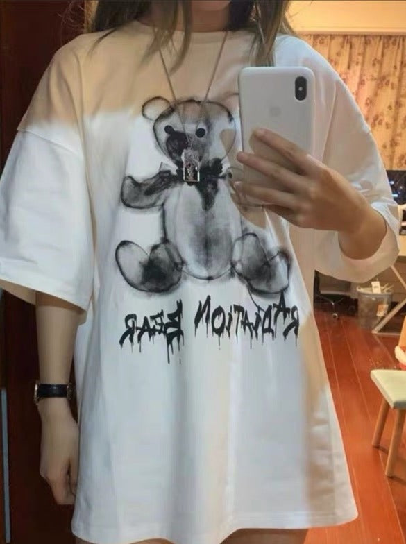 ドロップショルダーベアプリントTシャツ - LilyBlack