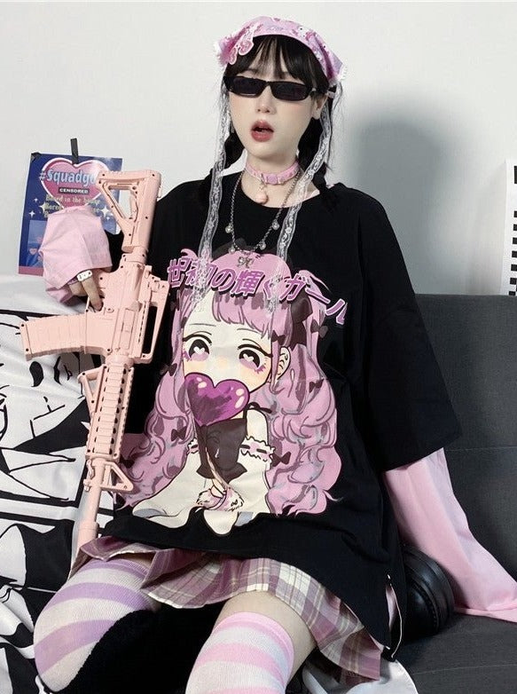 ルーズシルエットガールズプリントTシャツ - LilyBlack