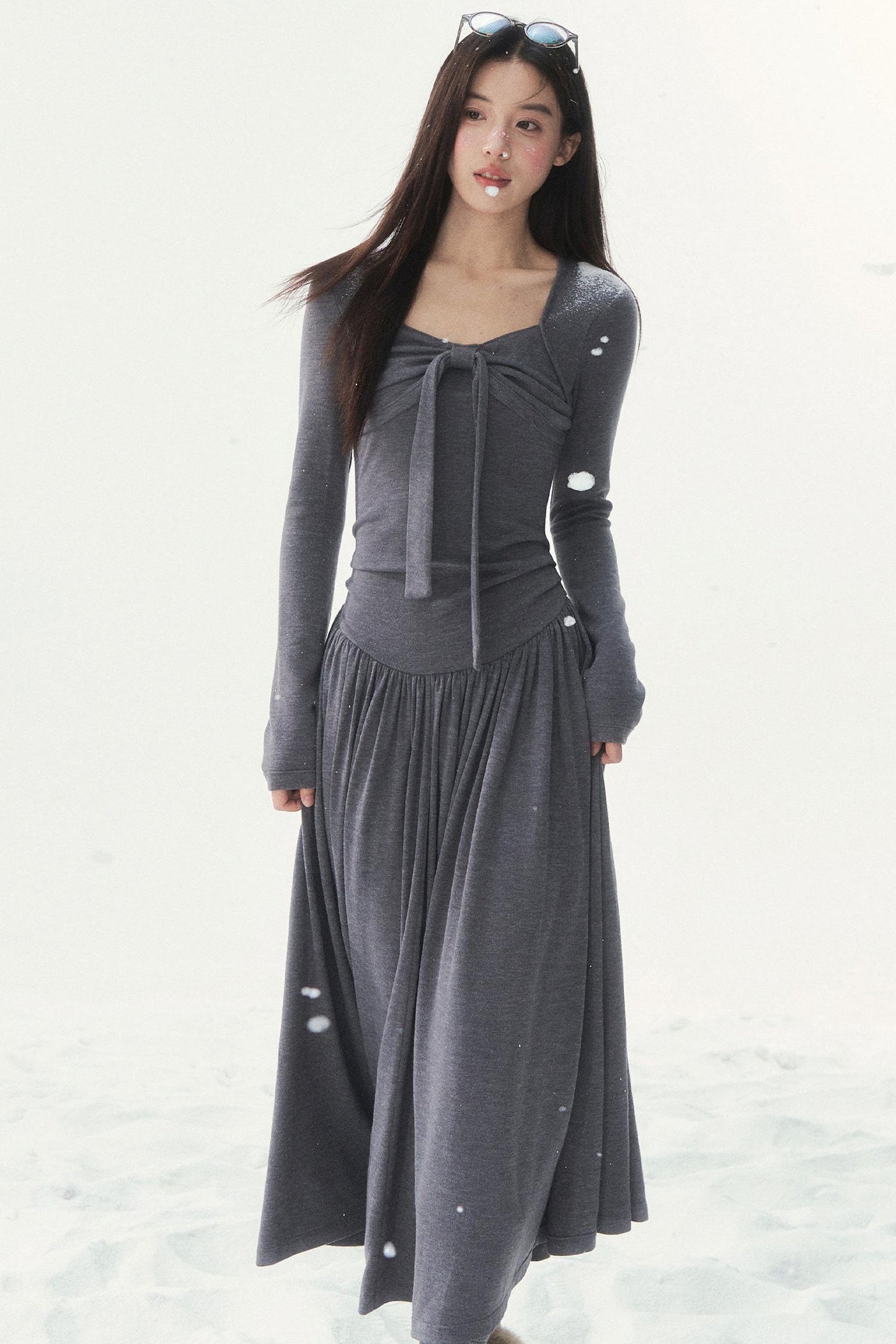 Gray Knit Waist Shaping French Dress