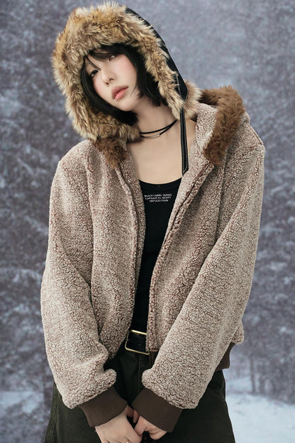 Wool Fur Collar Hooded Jacket