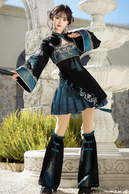 Cyberpunk Chinese-Style Lolita Top + Strapped Dress + Skirt + Leg Covers