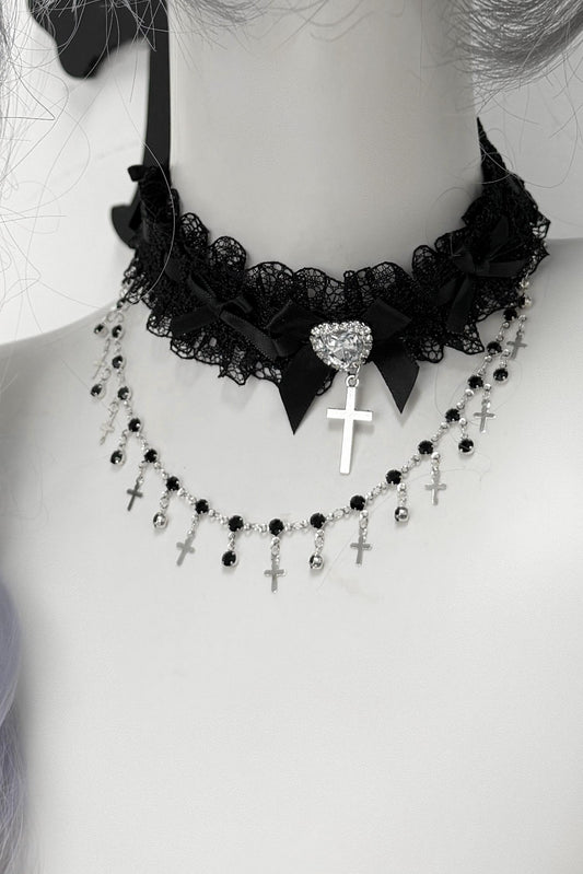 Lace Rhinestone Cross Heart Choker