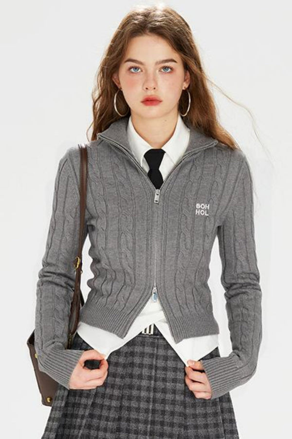 Double Zip Embroidered College Cardigan