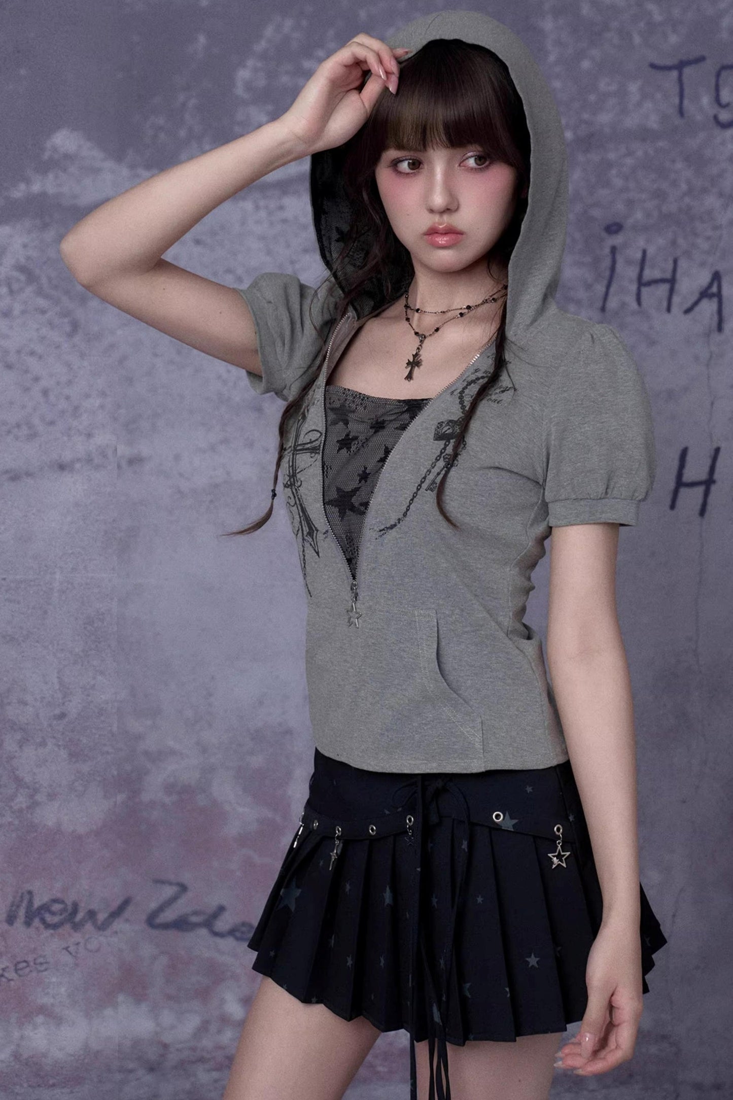 Gray Cross Hooded Top