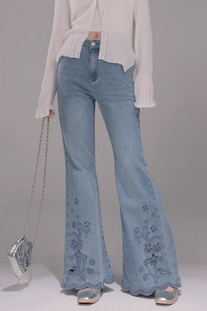 フローラルエンブロイダリーデニムブルーショートパンツ＋フレアロングパンツ