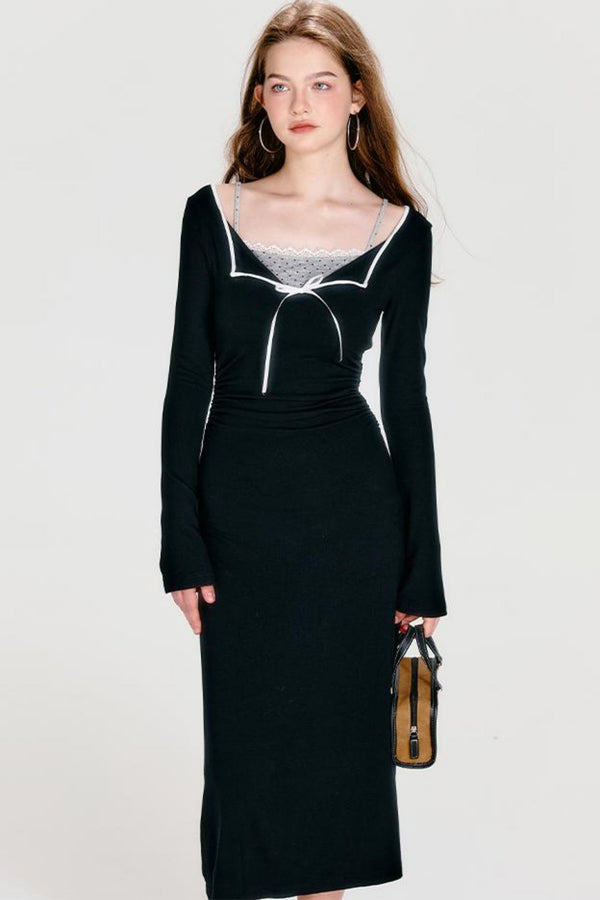 クールカラーブロックニットマキシドレス