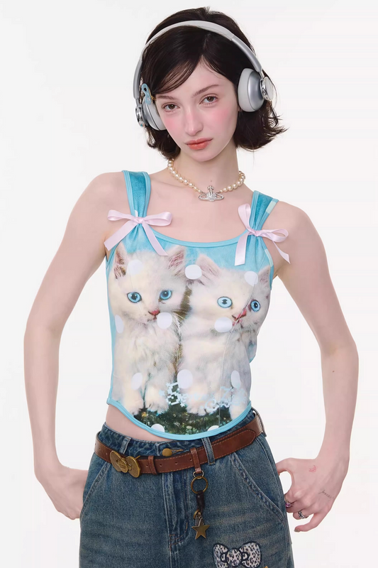 Soft Candy Cat Polka Dot Top