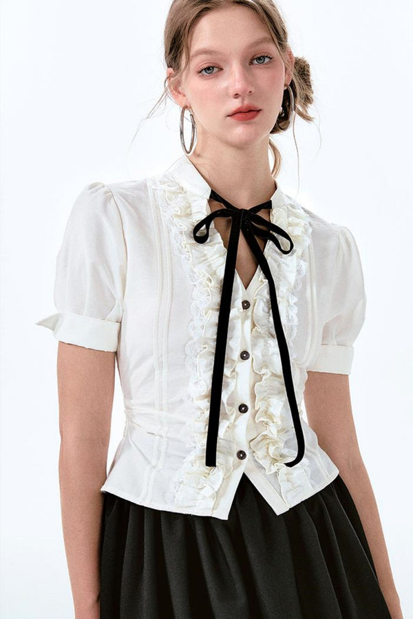 Charm Bow Waist Puff Sleeve Shirt + Balloon Skirt