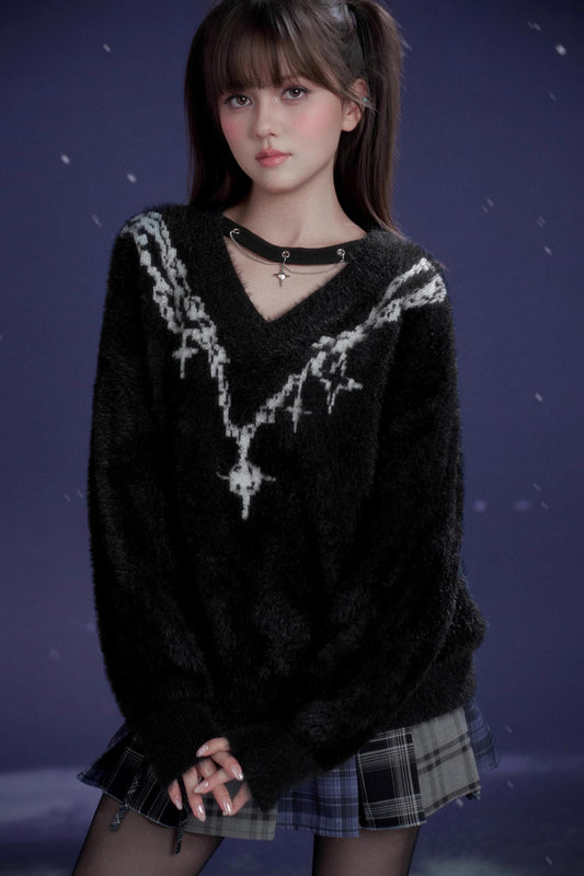 V-Neck Cross Choker Sweater