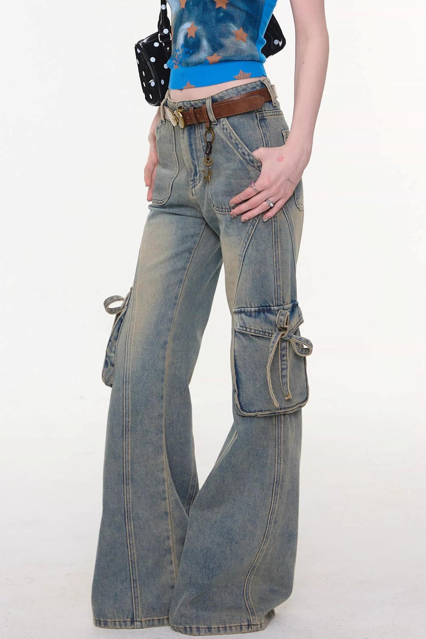 Ribbon Osh Pocket Flare Denim Pants