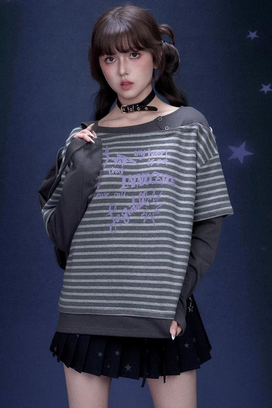 条纹涂鸦印花上衣