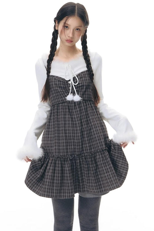 チェックドールシャーリングスリップドレス