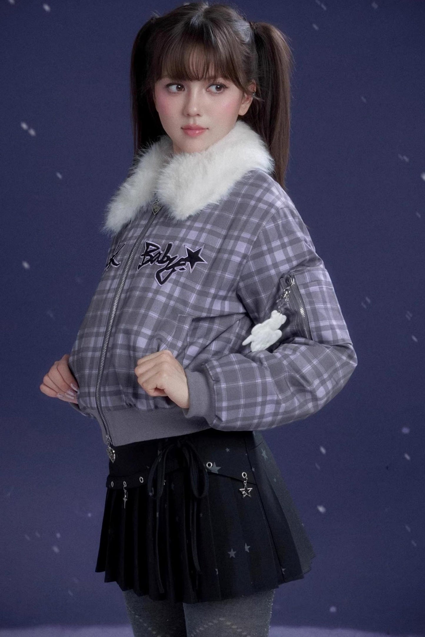 Purple Check Fur Collar Jacket