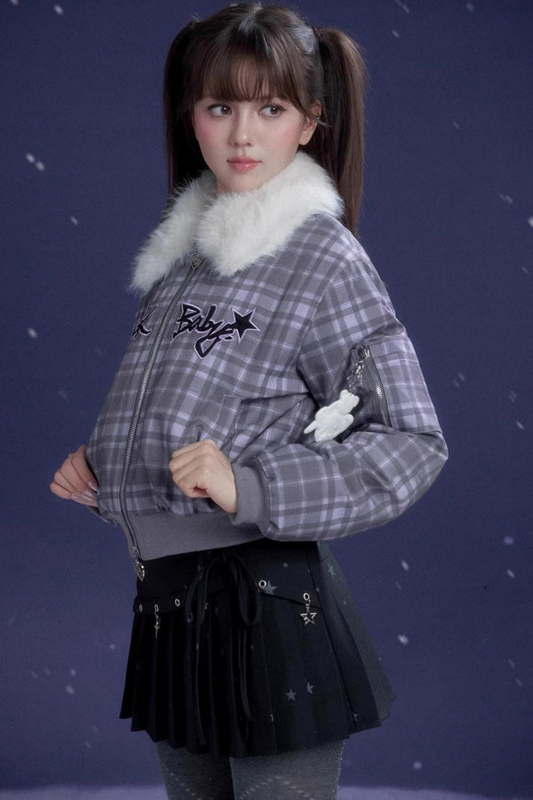 Purple Check Fur Collar Jacket