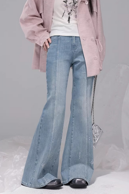 スターレイトブルーラインストーンフレアデニムパンツ