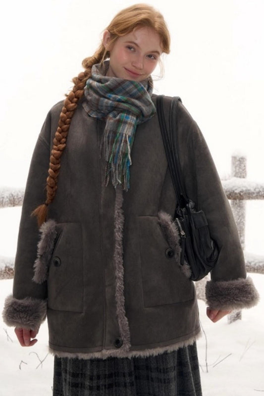 Reversible suede stand collar fur coat