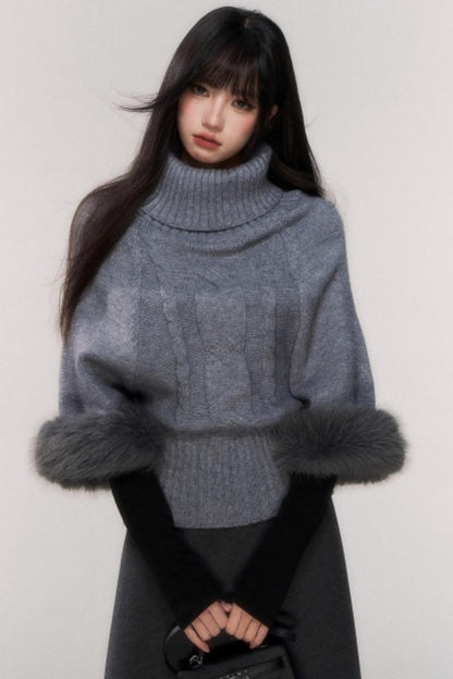 Gray Knit Twist Cape Sweater
