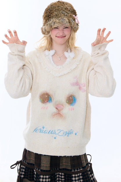 Retro Cat Plush Collar Sweater