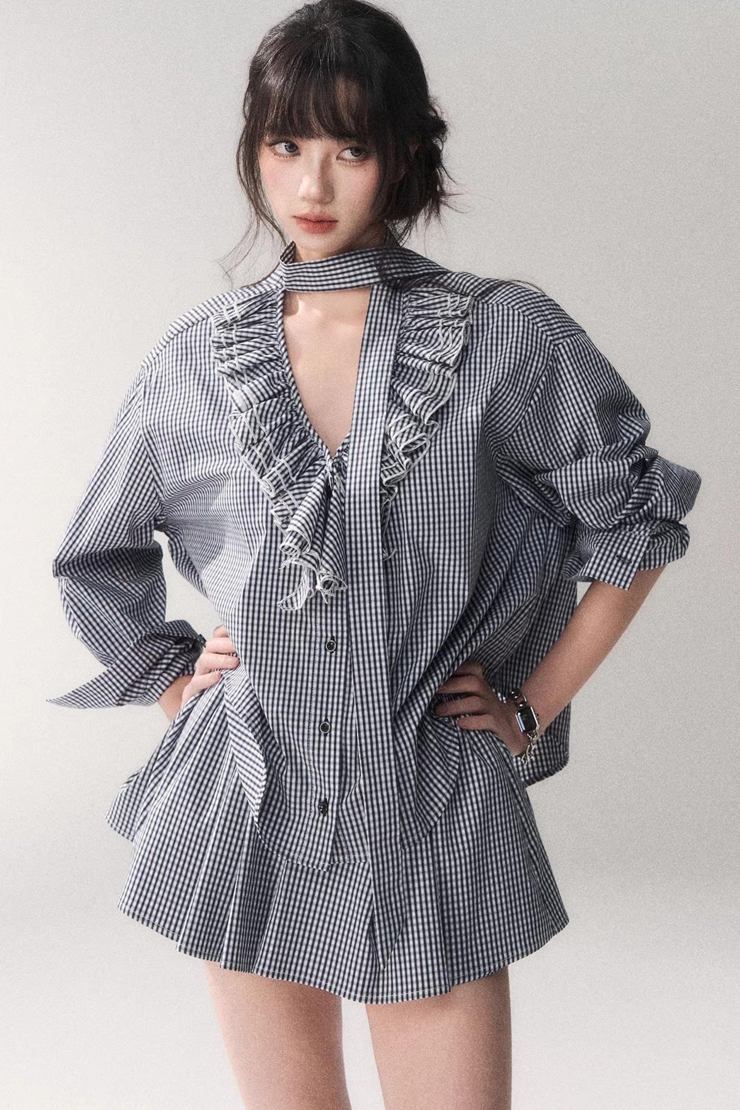 Blue Plaid Lace Blouse + Skirt