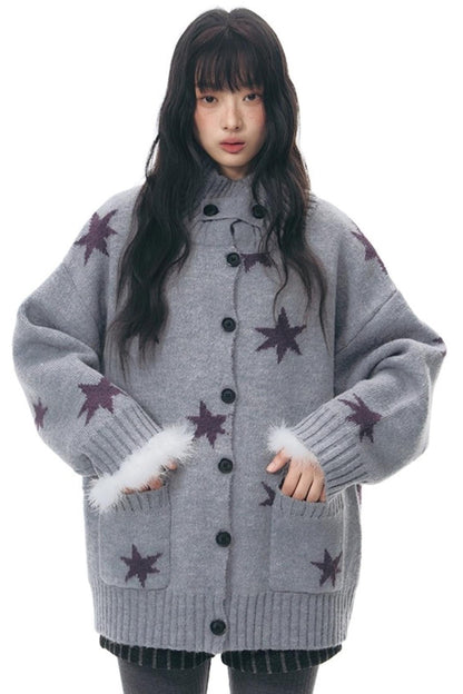 Reversible Star Cardigan + Fur Ball Hooded Scarf