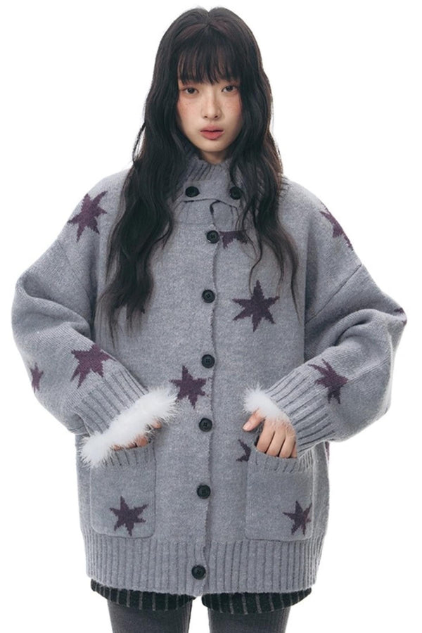 Reversible Star Cardigan + Fur Ball Hooded Scarf