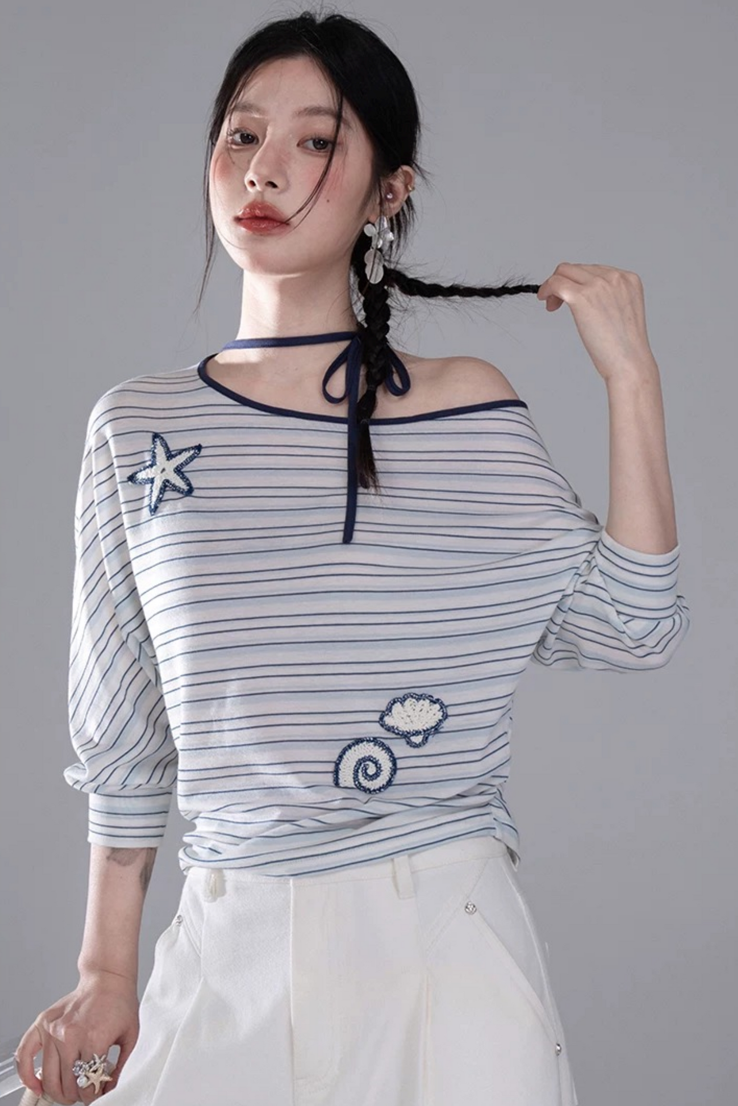 オフショルリボンスターフィッシュストライプTシャツ