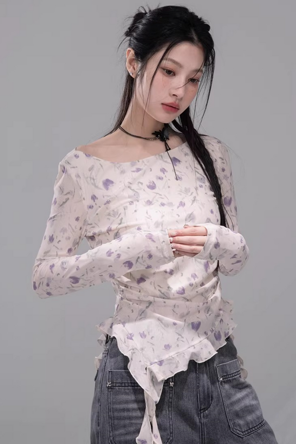 シアーアシメフローラルトップス