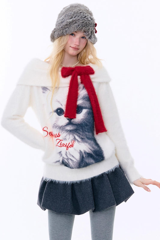 キャットプリントオフショルダーセーター