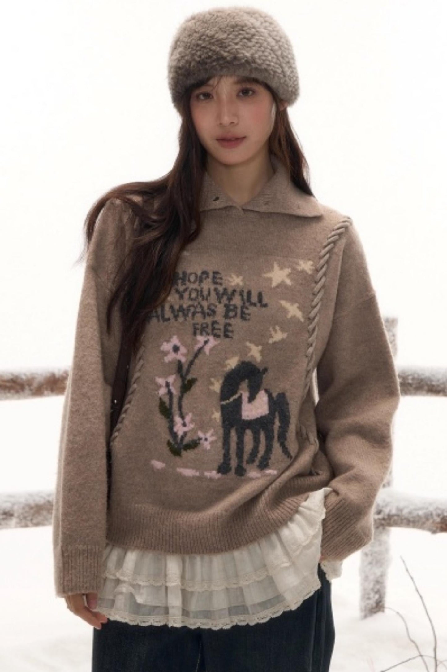 Pony Lapel Collar Knit Top